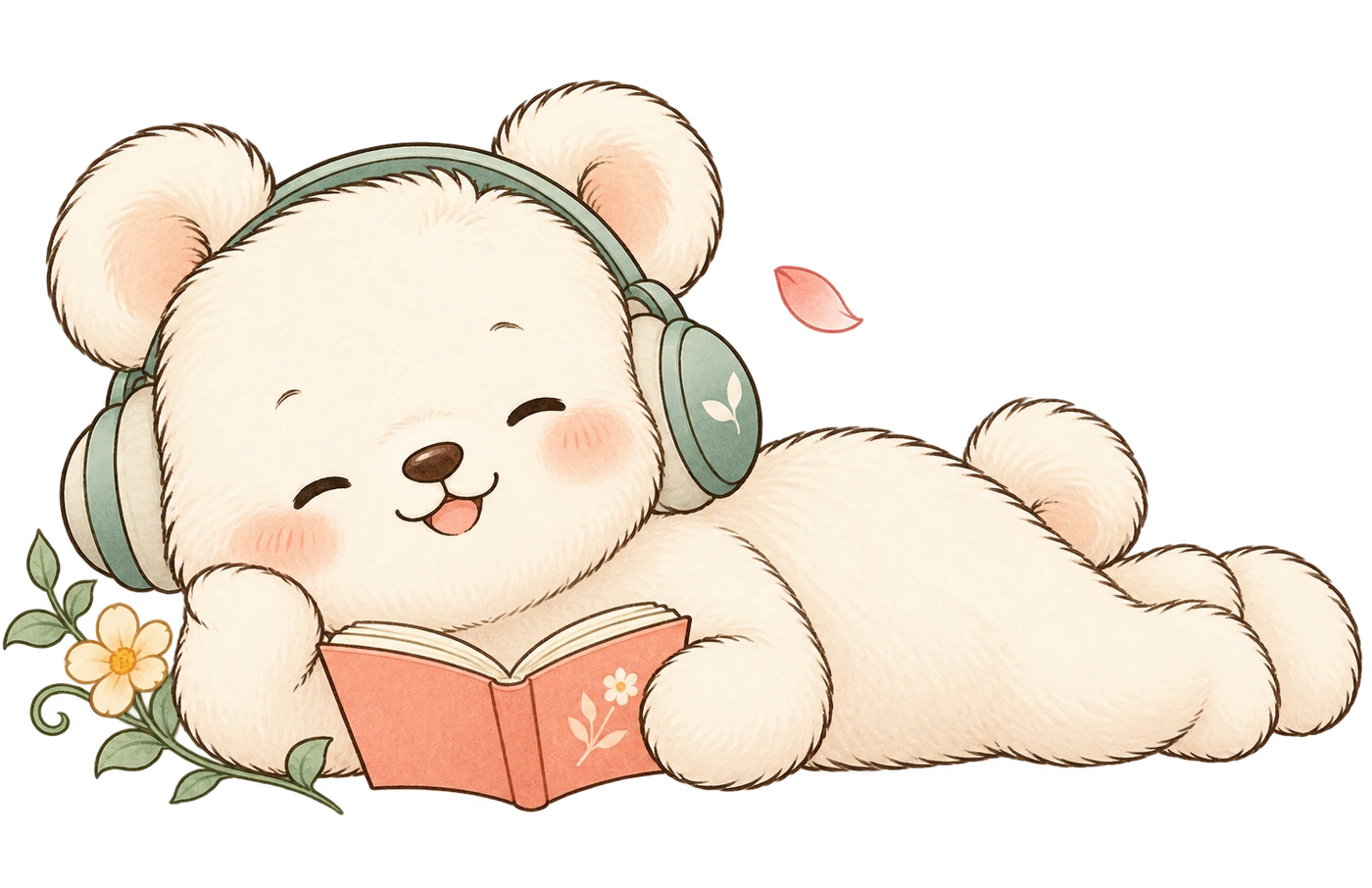 Narrify’s little bear relaxes with headphones and an open book.